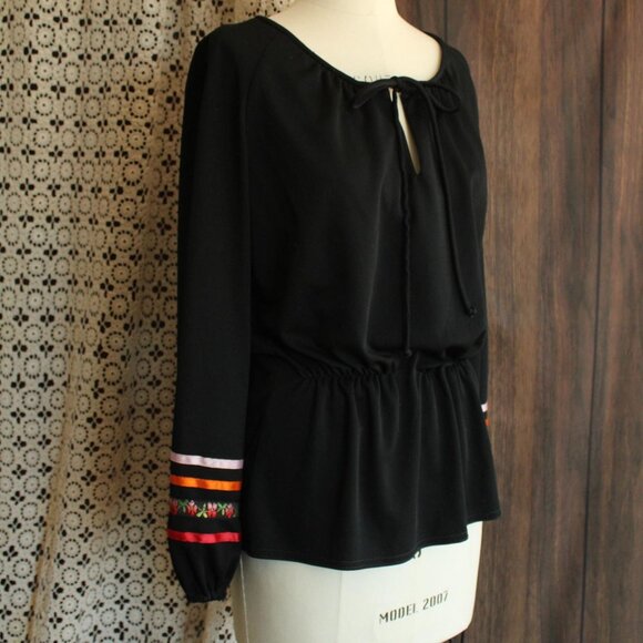 Vintage 1970s Blouse, R&K Black Peasant Top, Cottage Core, Folk Style - Picture 6 of 10